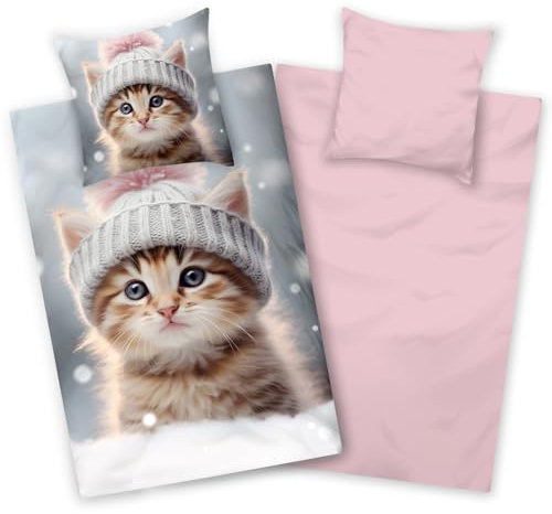 Aminata kids - Biberbettwäsche 135x200 Katzen-Motiv für Mädchen, Rosa grau, 100% Baumwolle, Reißverschluss - Warm, Weich & Kuschelig - Flanellbettwäsche