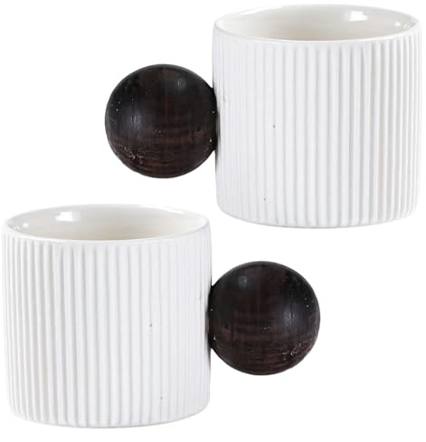 yeeplant 2 tazas pequeñas de cerámica para expreso, tazas de café Demitasse de 2 onzas con mango de madera, diseño de rayas verticales, agarre de madera antiquemaduras, mini tazas de té para bebidas