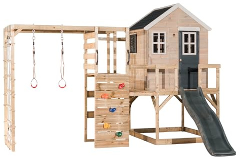 Wendi Toys M22-G Stelzenhaus mit Rutsche, Kletternetz, Spielhaus Holz Kinder Outdoor 342×356×242 cm, mit Plattform, Leiter, wetterfest, robust