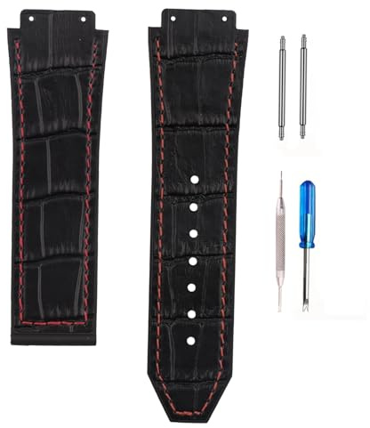 unilabo Leder-Uhrenarmband, kompatibel mit Hublot Big Bang, 19 mm x 25 mm x 22 mm, Ersatzarmband für Damen und Herren (schwarzes Band, rote Linie)