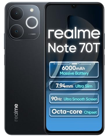 realme Note 70T 4G 4+256Go Smartphone, 6.75 Pouces d'écran, Black, 90Hz d'affichage, 6000 mAh de Batterie, 32 MP de caméra, Processeur Octa-Core Puissant, Protection ArmorShell, IP54