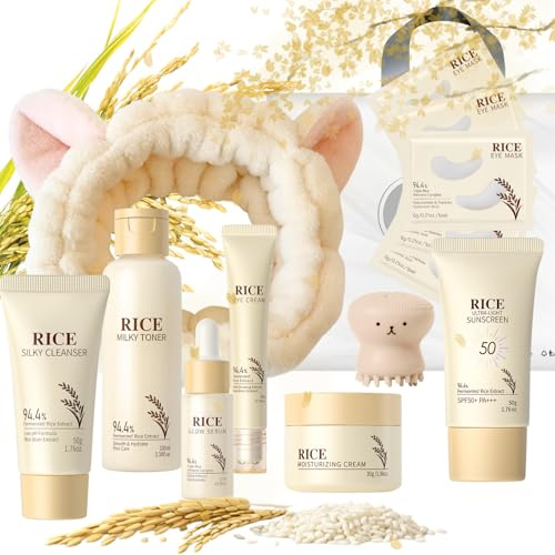 Luxury 14PCS Rice Korean Skincare Set | Complete Routine with SPF50, Cleanser, Serum, Eye Cream & Tools | Premium Travel Rice Skin Care Sets & Kits for Women, Teen, Mom | Birthday, Christmas Gift Set