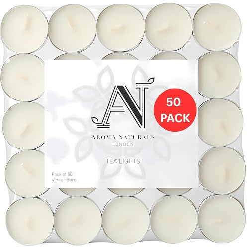 Aroma Naturals London Unscented Tealight Candles Pack of | 4-Hour Slow Burn Time | Standard Size D3.8 x H1.45cm | White Wax Candlelight | Aluminium Cups Tea Lights | Bag of (50pk, 1, Count)