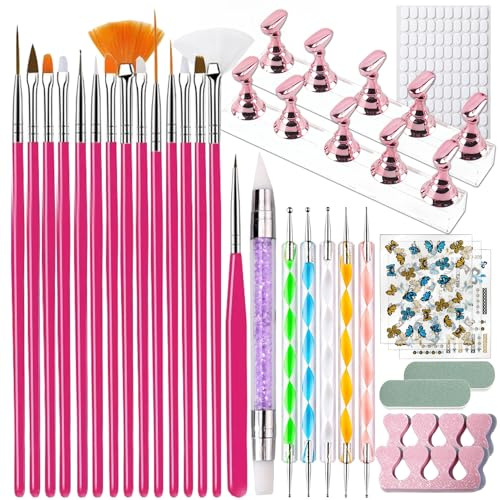 TXGSDXS Kit Nail Art 31 Pièces, 15 pinceaux, 5 Dotting Pen pour Débutants | Autocollants, séparateurs d’orteils, polissoirs et support à ongles inclus, idéal pour débutants et créations nail art DIY