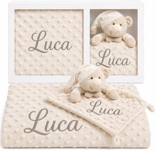 mibebestore Pack Manta Bebé Personalizada con Nombre con Doudou Bordado Regalo para Recién Nacido Niño o Niña Mantita Minky Suave 80x100 cm Dou Dou 25x25 cm para Cuna Coche - Oso Beige