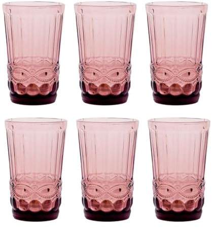 Lot de 6 verres à vin et verres à boire vintage colorés avec gaufrage en relief (nœud, violet, verre à boire) - Verre à vin, calice, verre à eau, long drink, cocktail