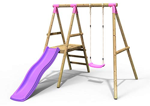 Rebo® Apollo Wooden Swing Set with Platform and Slide - Pink | OutdoorToys | 6ft Slide, Swing Seat, Sturdy Wooden Construction, Pressure Treated Timber