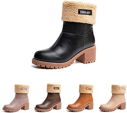 Hitmars Womens Winter Boots Ladies Fur Lined Mid Calf Boots Flat Slip On Suede Leather Warm Snow Boots Comfort Black Size 6 UK