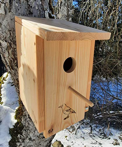 Nistkasten (N45) Vogelhaus für Star - aus extrem witterungsbeständigen 18mm starkem bayrischem Lerchenholz mit 45mm Einflugloch und Sitzstange von Welcher der Star Seine Familie füttert...