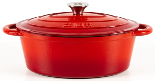 Lätt Home Cocotte in Ghisa Smaltata Rossa. Forno Olandese Pentola Ovale Antiaderente 29x21x11 CM - 3,85 L. Casseruola Pentola in Ferro per Induzione, Vetroceramica e Forno