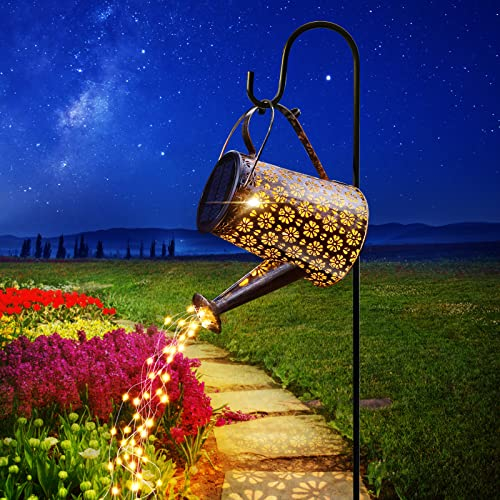 FOMYHEARD Solar Gießkanne Gartendeko Lichterketten Solarleuchten für Außen IP65 Wasserdicht Metall Vintage LED Solarlampen für Garten Deko Yard Balkon Path Lamp (mit Ständer) Star