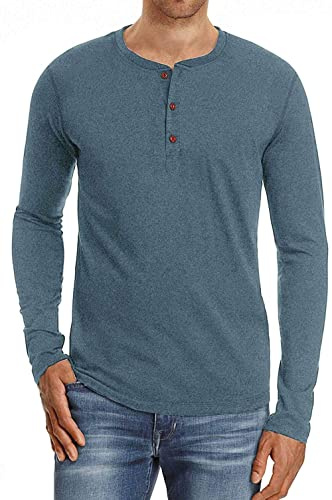 Hisir Tee Shirt Homme en Coton Henley T-Shirt Col Rond avec Manches Courtes et Longues Col Tunisien et Boutons pour Homme