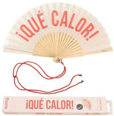 Fisura - Éventail original avec message en espagnol que calor. Éventail moderne et amusant en bois. Éventail pliant crème et rouge. Dimensions : 42,5 x 23 cm.