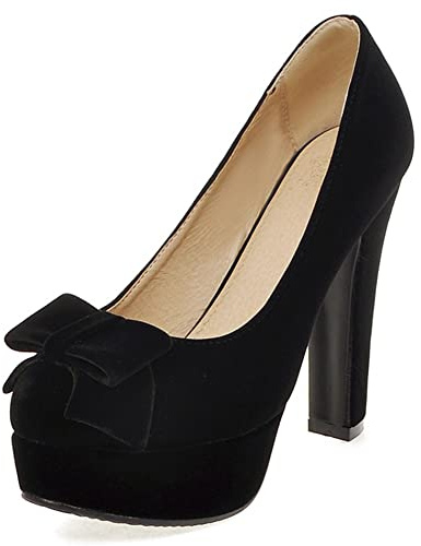 Escarpins à Talons Carrés pour Femmes, Pompe à Talon Élevé Bout Rond à Enfiler Chaussures Habillées avec Plateforme Bowknot Mode Solid Chaussures Icochb Noir Taille 40 EU