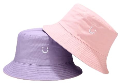 O-Kinee Chapeau de Soleil pour Enfants,Chapeau de Pêcheur Pliable avec Sourire pour Filles,Casquette d'extérieur Seau Double pour Filles et Garçons de 2 à 8 Ans