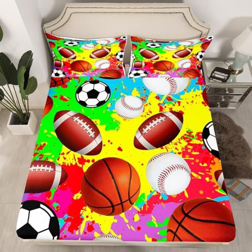 Basketball Fußball Spannbettlaken 180x200 cm, Weiches Mikrofaser Bettlaken Spannbetttuch für Erwachsene, 3D Basketball Fußball Bettlaken - Tiefe Tasche 30 cm Mit 1 Kissenbezügen B846