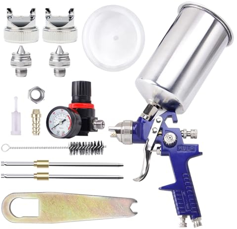 Pindex HVLP Lackierpistole Spritzpistole mit 3 Düsen 1.4mm 1.7mm 2.5mm, Sprühpistole mit 1000CC Kanne aus Aluminium, Farbspritzpistole Spraypistole mit Luftdruckregler für Wandfarbe Möbel DIY