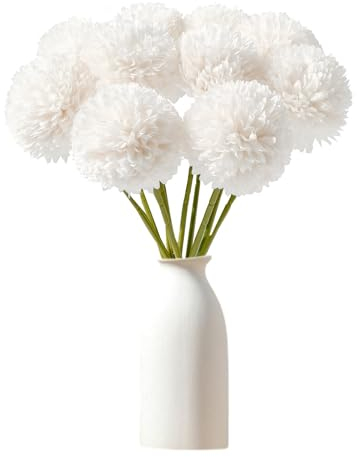 Wekuw Kunstblumen, 12 Stück Künstliche Hortensie Blumen Seide Pompon Chrysantheme Kugel Blumen Deco Hortensien Künstliche Pflanzen Unechte Blumen, für Hochzeits Deco, Heimdeko, Büro (Weiß)