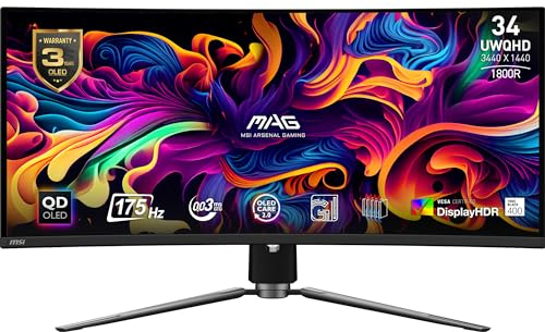 MSI MAG 341CQPDE QD-OLED 34 UWQHD Curved Gaming Monitor - 1800R, 3440 x 1440 Quantum Dot OLED Panel, 175Hz / 0.03ms, 99% DCI-P3, ΔE≤2, DisplayHDR True Black 400, KVM - DP 1.4a, HDMI 2.1
