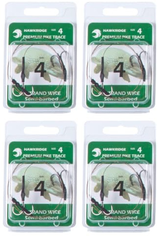 HAWKRIDGE - 4 x Predator SEMI BARBED Pike Snap Tackle Double Hook Bait Rig 30cm Trace Using American 7x7 Wire Strands - Available in Size 4, 6 or 8 (4 x size 4 hook)