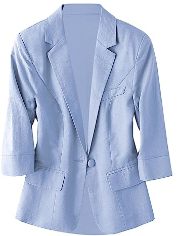 Blazer, giacca corta da donna, in lino, con maniche a 3/4, leggera, estiva, da lavoro, elegante primavera, per le mezze stagioni, blazer open front, blazer, Blu, L