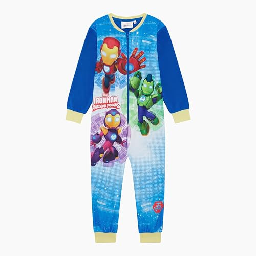 Marvel Iron Man and His Awesome Friends Official Boys or Girls Onesie, Sleepsuit, All in One Pyjamas Featuring Iron Man, Ironheart and Iron Hulk, Blue, Age 4-5 Years