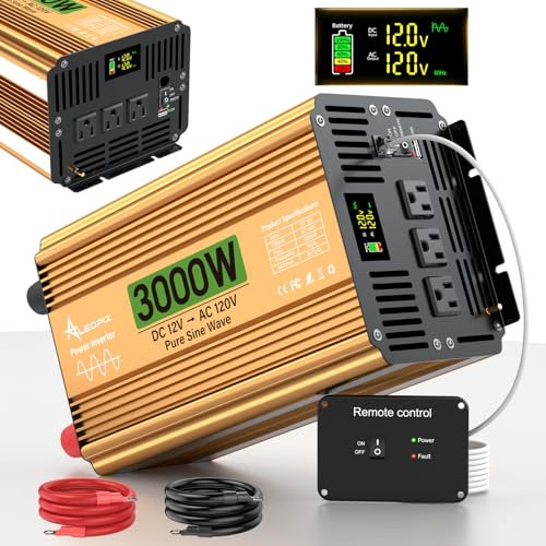 3000W Inverter, 12V DC to 110V/120V AC Pure Sine Wave Inverter for Trucks, RV/Home/Solar/Off-Grid, Surge 6000W Pure Sine Power with 3 AC Sockets, 5V