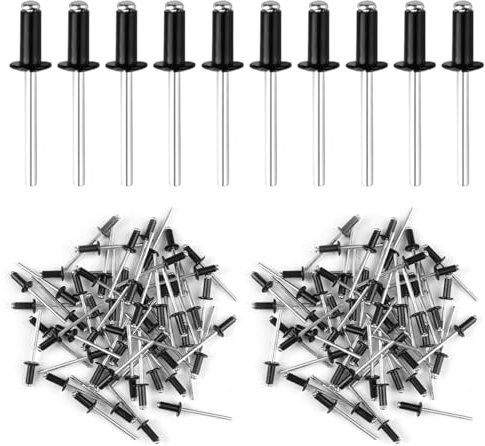 200 Piezas Remaches Pop Caja, 4x10 mm Juego de Remaches Ciegos de Aluminio, Remaches de Aluminio Cabeza Ancha, para Metal, Madera, Plástico, Edificios, Barcos, Coches Y Muebles (Negro Plateado)