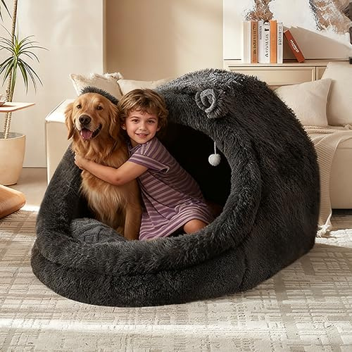 Human Dog Bed for Adults, Extra Large XXL Dog Bed for Humans, Cats & Pets, Giant Human Size Dog Bed with Removable Pillow & Blanket, Machine Washable, Cute Bunny Ear Design, 55x43x35, Grey
