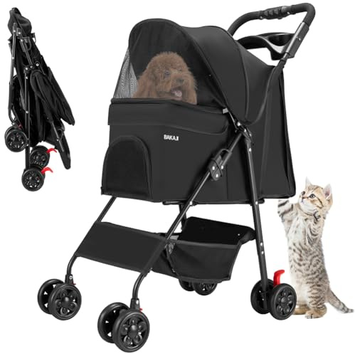 BAKAJI Passeggino per Animali Domestici Carico Massimo 30kg, Carrozzina per Cani e Gatti Pieghevole e Salvaspazio con Cestello Portaoggetti e Ruote Bloccabili, Cappottina Protettiva Anti UV (Nero)