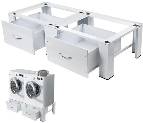 Base de metal doble para lavadora con cajón – 126 (largo) x 54 (ancho) x 32 (alto) cm, estable de 2 compartimentos para lavadoras, pedestales para secadoras, frigoríficos