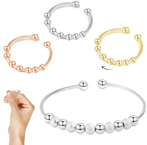 Bague Anti Stress Femme 3 pièces avec Perles rotatives – Anneaux Ajustables en Acier Inoxydable Argent Or Rose pour soulager l’anxiété et la nervosité, élégance et Bien-être au Quotidien