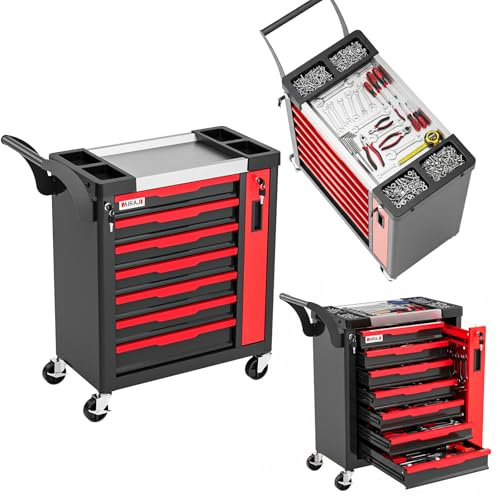 AIRAJ 7-Drawers Tool Chest, Lockable Tool Box on Wheels,Tool Cart with Hidden Side Cabinet, Heavy-Duty Metal Tool Cabinet, for Garages, Workshops, Warehouses,Red and Black.