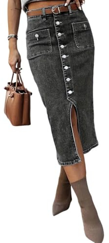 seiveini Faldas de Mezclilla Mujer Larga Elegant Falda Vaquera Largas con Aberturas Botones de Cintura Alta Vintage B Gris Oscuro M