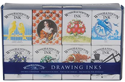 Winsor & Newton 1090093 Kalligraphie Set Henry, 8 Zeichentusche in 14ml Flaschen, funkelnde Farben mit hervorragender Transparenz für Pinsel, Kalligrafiefeder oder Airbrush