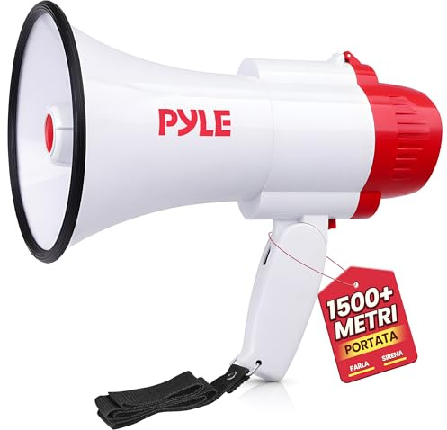 Pyle 30W Megaphone Bullhorn with Built-in Siren, Voice Recorder, and 1700-Yard Range, Featuring Adjustable Volume Control, Ergonomic Pistol Grip, and Convenient Folding Handle for Indoor/Outdoor Use
