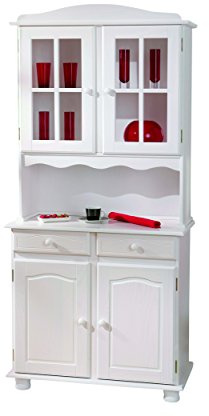 Inter Link – Vitrinenschrank - Küchenschrank - Geschirrschrank - Esszimmerschrank – Vitrine – Standvitrine - Landhausstil - Kiefer Massivholz – 2 Türig – Valencia - Weiß lackiert