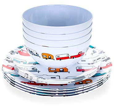 Camco Life is Better at the Campsite Dishware Set | Includes (4) large dinner plates, (4) small salad plates and (4) bowls | Top rack dishwasher safe | Multi-color RV and truck design (53295)