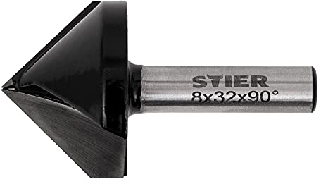 STIER Gipskartonfräser Rigipsfräser, 90° Winkel, D32 mm, 8 mm Schaft für Oberfräsen, 32 mm Durchmesser, V-Nutfräser, Schriftenfräser, Für saubere Arbeiten an Mauervorsprüngen