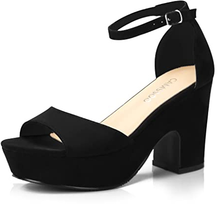 CAMSSOO Platform Heels for Women Chunky Heel Open Toe Ankle Strap Suede Wedges Sandals Wedding Office Dress Shoes Black Size 9 CN 40