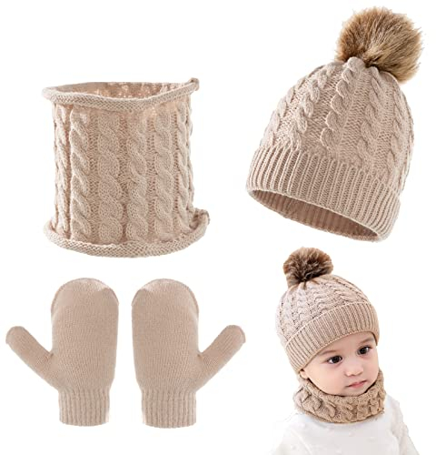 Kunyeah 3-teiliges Baby-Beanie-Mütze Schal Handschuhe Strickmütze Winter warme Handschuhe Kleinkinder Halswärmer für Jungen und Mädchen 0–3 Jahre