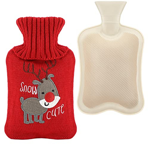 Bolsa de agua caliente de 1 l con funda de punto: bolsa de agua caliente de caucho natural a prueba de fugas, un gran regalo para niños y adultos en invierno para mantenerse calientes