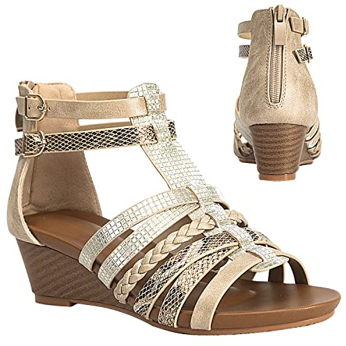 STMAHER Sandalias de gladiador con cremallera y tiras para mujer, zapatos romanos para niñas, 2 dorado, 38 EU