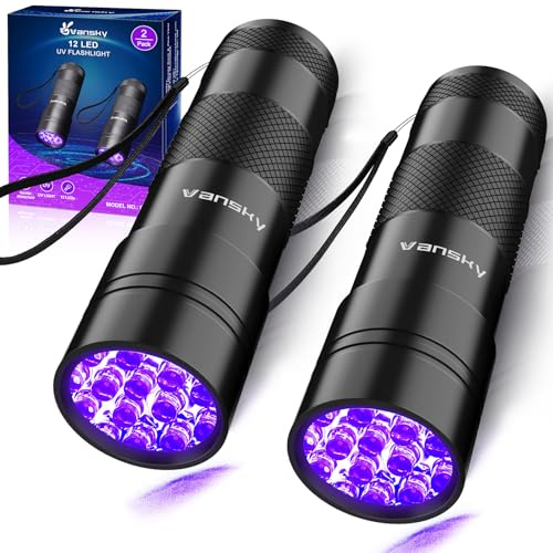 Vansky - Linterna de luz UV de luz negra: 395 nm, 12 LED, paquete de 2 linternas ultravioletas de luz negra, mini potente detector de orina de mascotas para perros/gatos, detección de manchas secas de