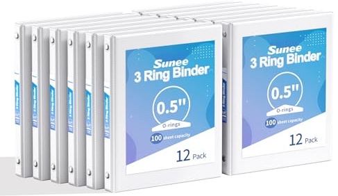 SUNEE 1/2 Inch Binders 3 Ring 12 Pack Bulk, 3 Ring Binders Clear View PVC-Free (Fit 8.5x11 Inches) for School or Office Supplies, White