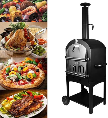 Vedeldad pizzaugn för utomhusbruk, pizzaugn utomhus, portabel pizzaugn med pelletsbränning med termometer och bärväska, för camping på bakgård, utekök