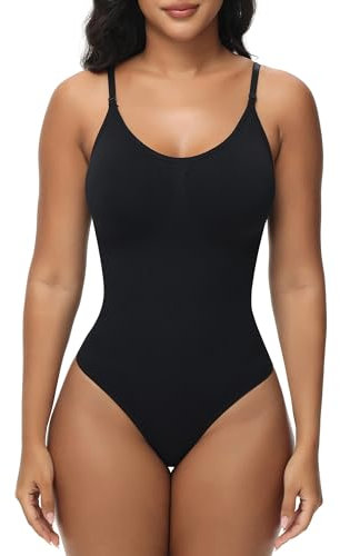 Breampot Shapewear Damen Bauchweg Bodysuit Formender Vielseitige Body Shper Frauen atmungsaktiven Materialien mit Verstellbarer Schultergurt (S/M, Tanga-Schwarz)