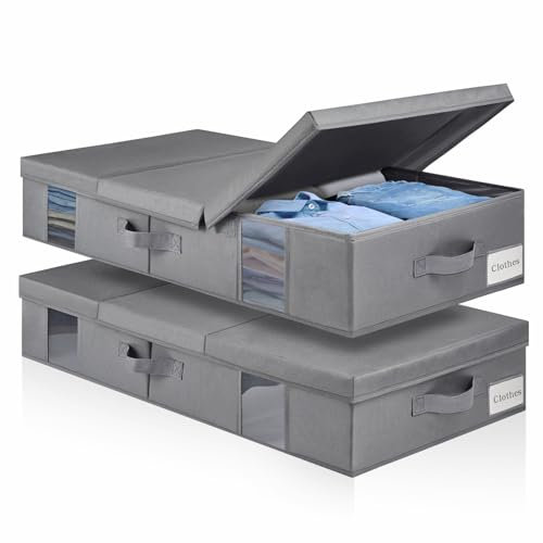 BOSNONA Under Bed Storage Box with Lid Foldable Underbed Storage Boxes with Visual Window Reinforced Handles Under Bed Clothes Storage for Blankets Duvets Pillows Bedding (Grey, 2 Pack)