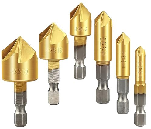 CeyMlem 6pz Punte Per Svasatore 1/4 HSS - 4241 Rivestito in Titanio, Svasatore Per Legno,Attacco Esagonale Smussatura Svasare Punta Scanalata Svasare, 6 mm - 19 mm