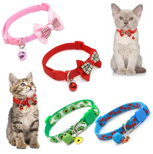 4-Stück Verstellbar Halsband Katze Kitten, Katzenhalsband mit Sicherheitsverschluss und Glöckchen, Katzenhalsbänder Quick Release Kitten Halsband mit Glocke